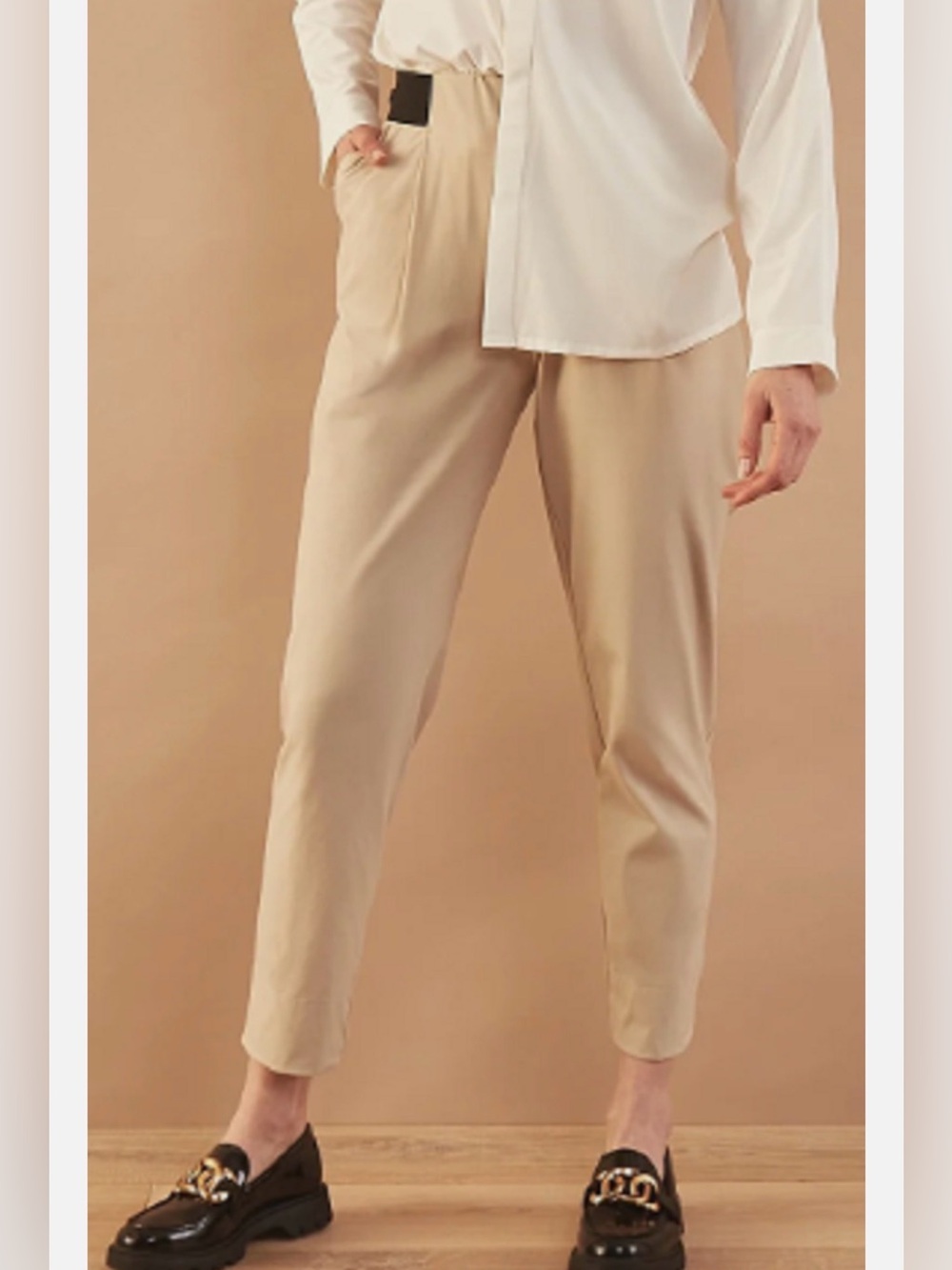 ADAY Turn It Up Tailored Ankle Pants in Tan with Black Waist Insert Size Medium